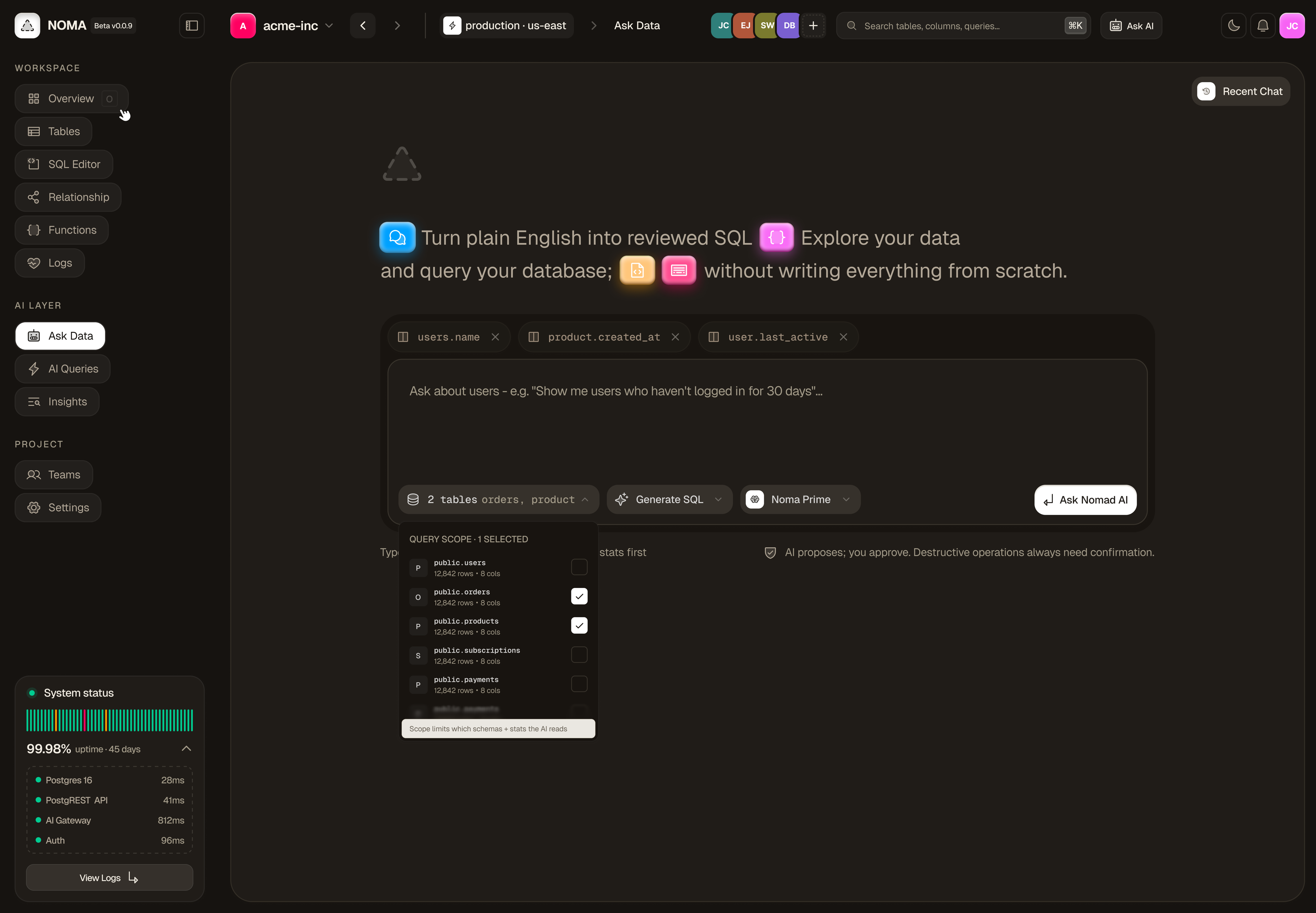 NOMA Ask Data workspace, dark theme