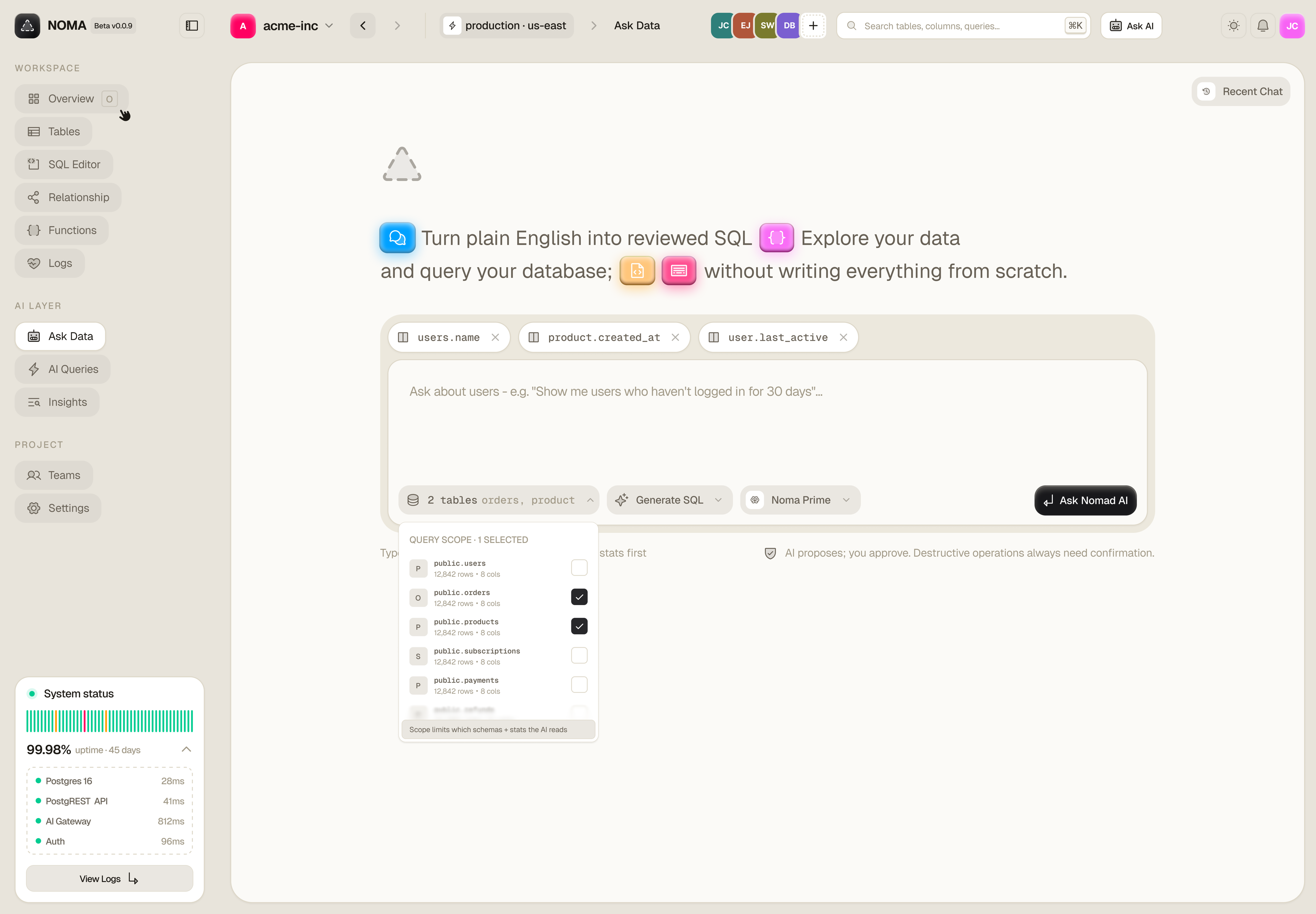 NOMA Ask Data workspace, light theme